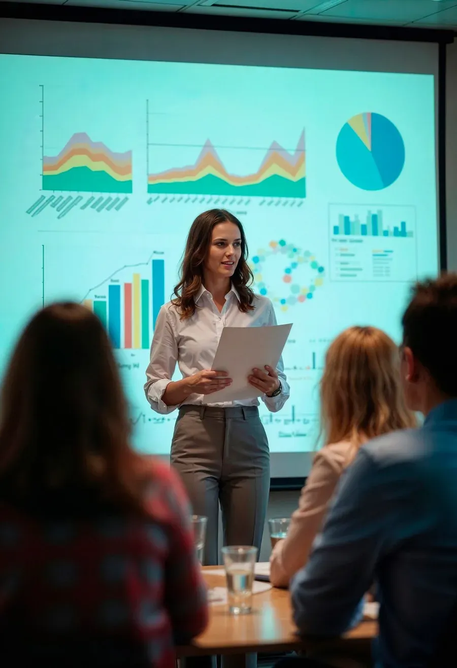 Profissional apresentando gráficos de resultados de SEO em uma tela de projeção para uma equipe em reunião, em agência de SEO de Joinville