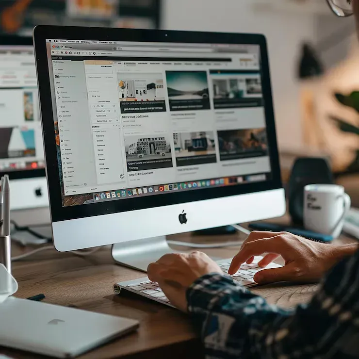 Profissional editando o layout de um site em um iMac, com uma página de projetos de arquitetura aberta: criação de sites profissionais em Joinville