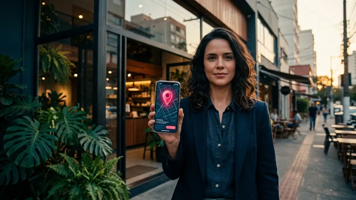 Empresária em frente à sua loja segurando um celular que mostra o mapa com a localização da empresa em destaque: como aparecer no topo do Google Maps com o Google Meu Negócio