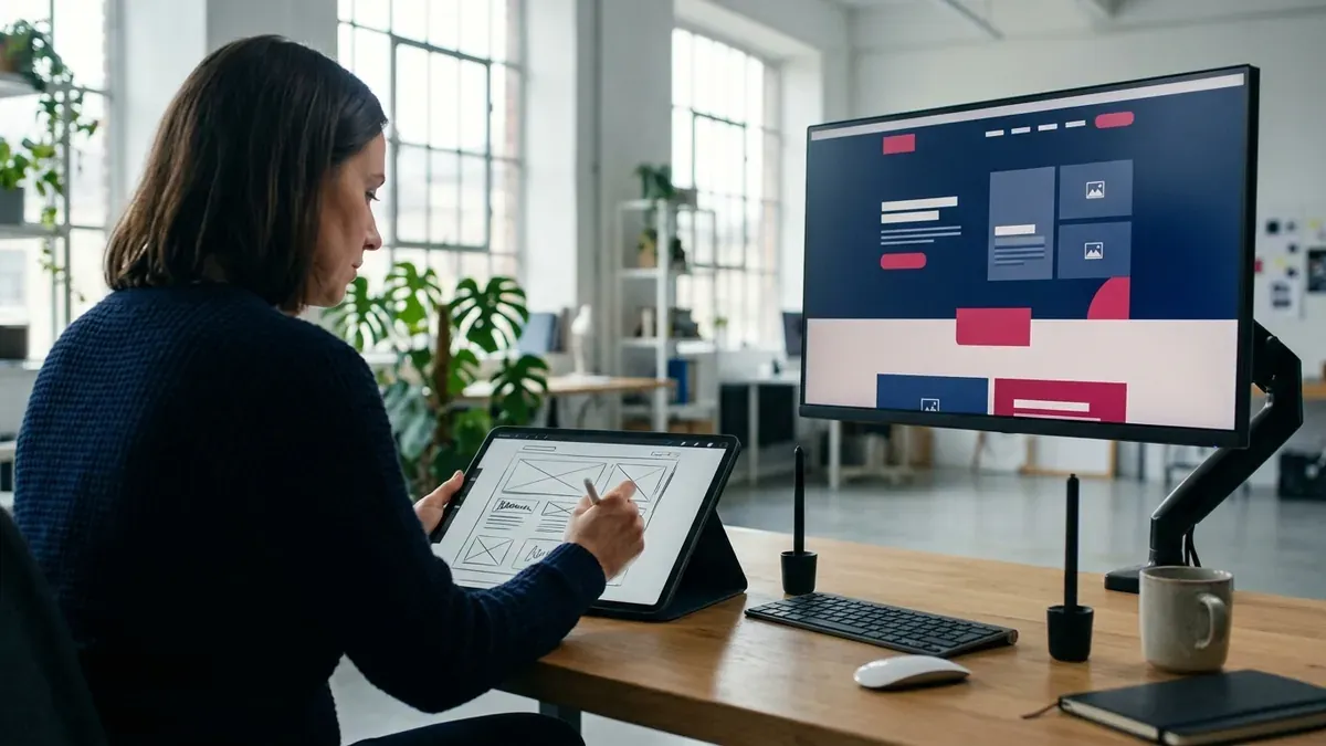 Designer criando o wireframe de uma landing page em um tablet, com o layout do site em um monitor ao lado: elementos de uma landing page que vende
