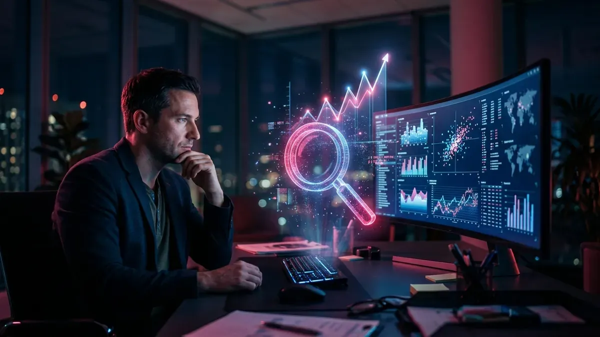 Estrategista de marketing analisando dados de ranqueamento do site em um monitor, com uma lupa holográfica: o que é SEO e como funciona a otimização de sites