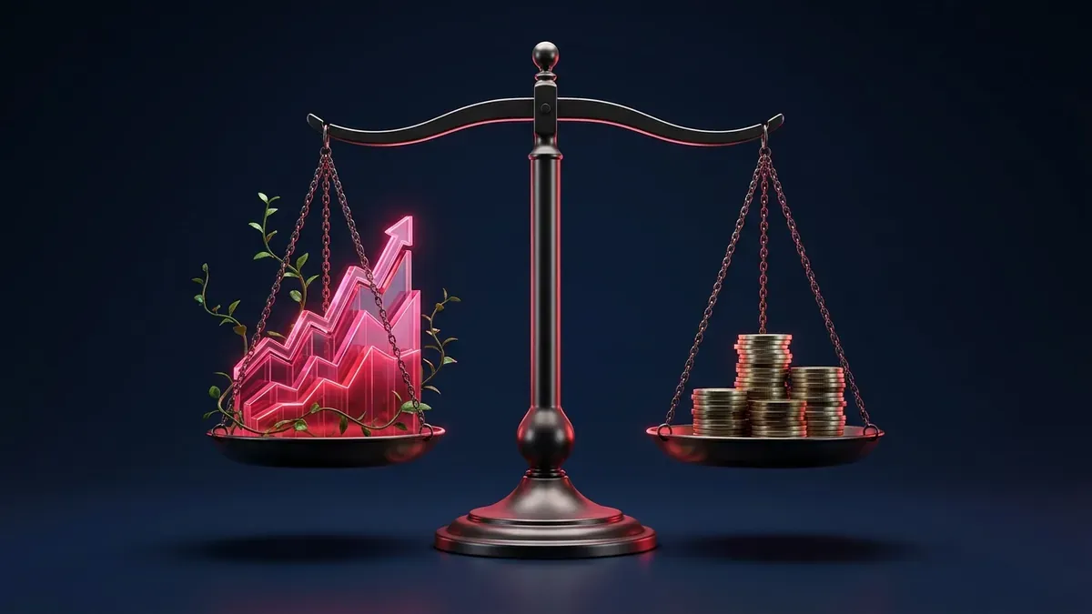 Balança com um gráfico de crescimento do SEO de um lado e moedas do tráfego pago do outro, comparando SEO e Google Ads