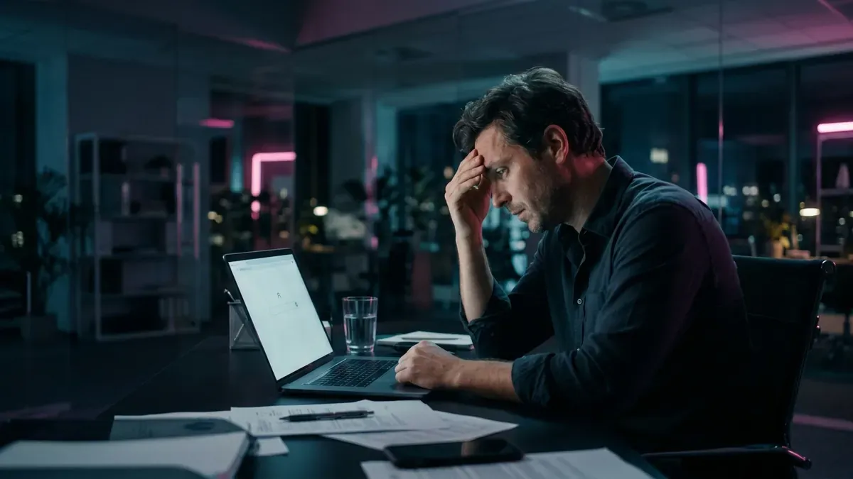 Empreendedor preocupado diante de um notebook com uma busca sem resultados: por que o site da empresa não aparece no Google