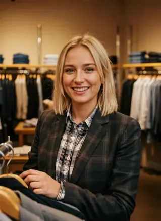 Lojista de moda sorrindo em sua loja de roupas, um comércio local que aparece no Google com SEO em Joinville