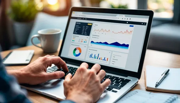 Mãos digitando em um notebook que exibe um painel de SEO com gráficos de desempenho do site