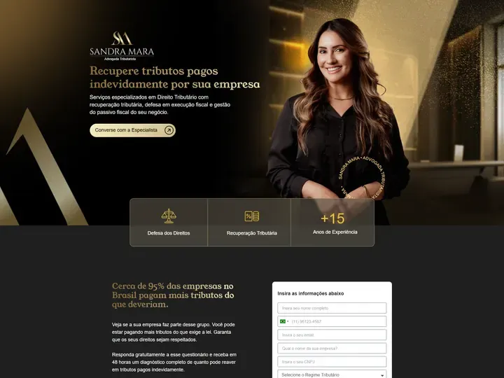 Site da advogada tributarista Sandra Mara, em Cuiabá (MT), com SEO local, criado pela Agência Conect