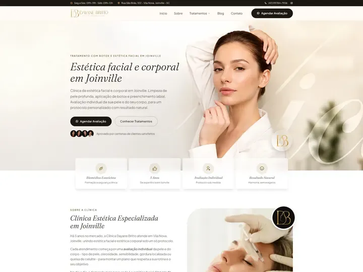Site da Clínica Dayane Britto, clínica de estética facial e corporal em Joinville, criado pela Agência Conect