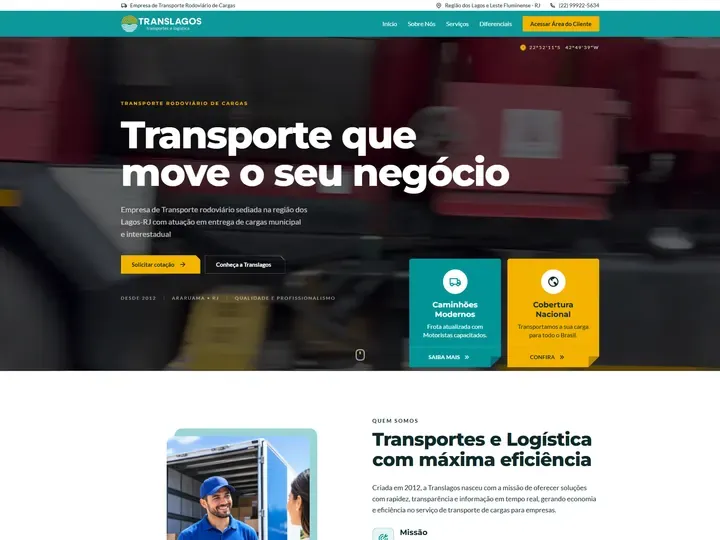 Site da Translagos, transportadora de cargas na Região dos Lagos (RJ), criado pela Agência Conect
