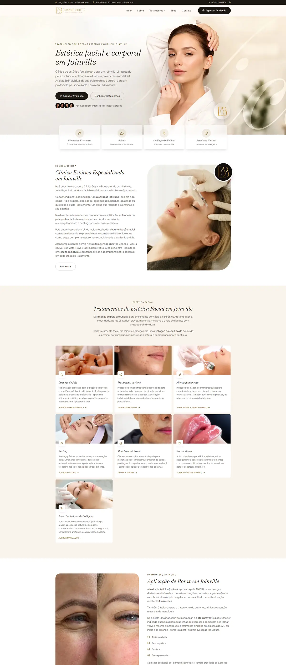Página inicial, do topo ao rodapé (parte 1 de 3): Site da Clínica Dayane Britto, clínica de estética facial e corporal em Joinville, criado pela Agência Conect