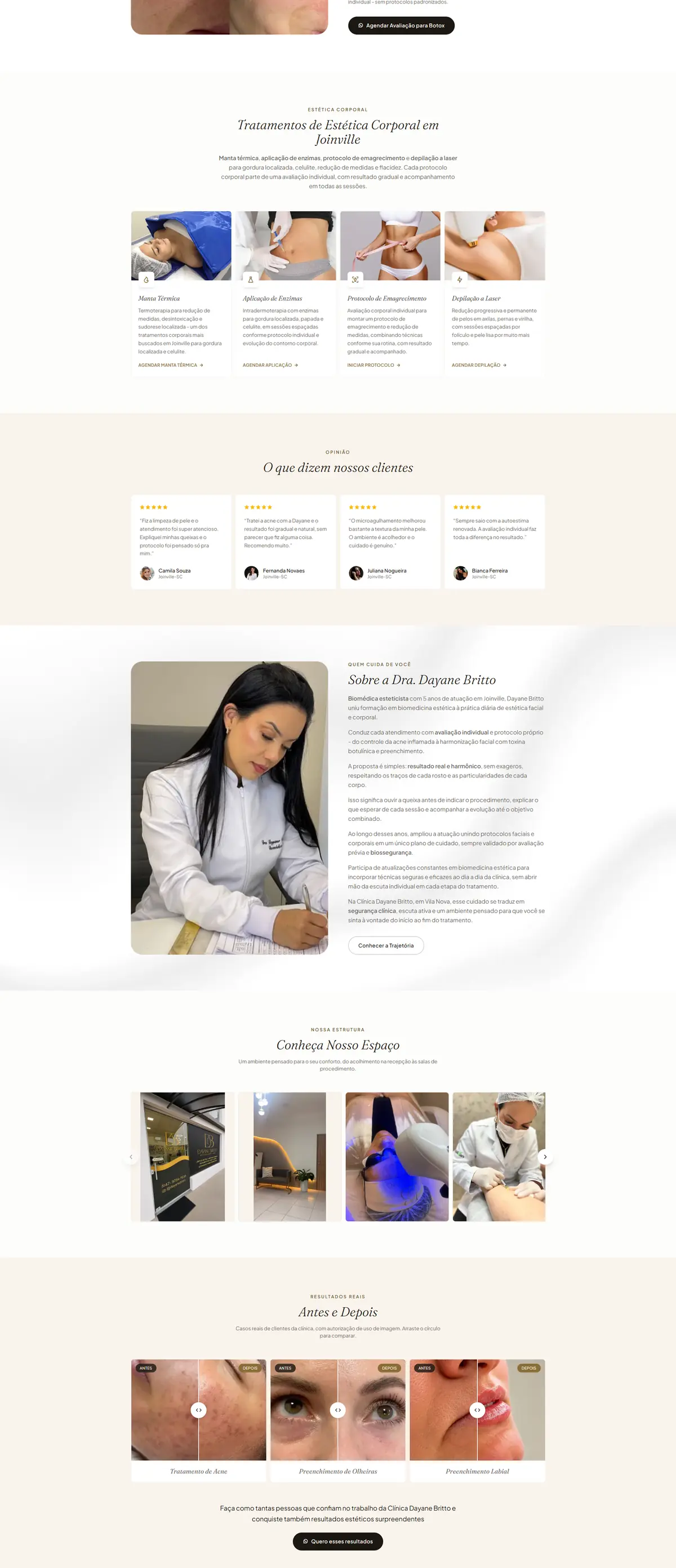 Página inicial, do topo ao rodapé (parte 2 de 3): Site da Clínica Dayane Britto, clínica de estética facial e corporal em Joinville, criado pela Agência Conect