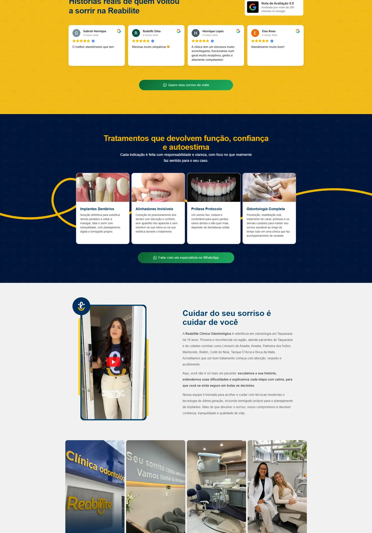 Página inicial, do topo ao rodapé (parte 2 de 3): Site da Reabilite Odonto, clínica de implantes dentários em Taquarana (AL), criado pela Agência Conect