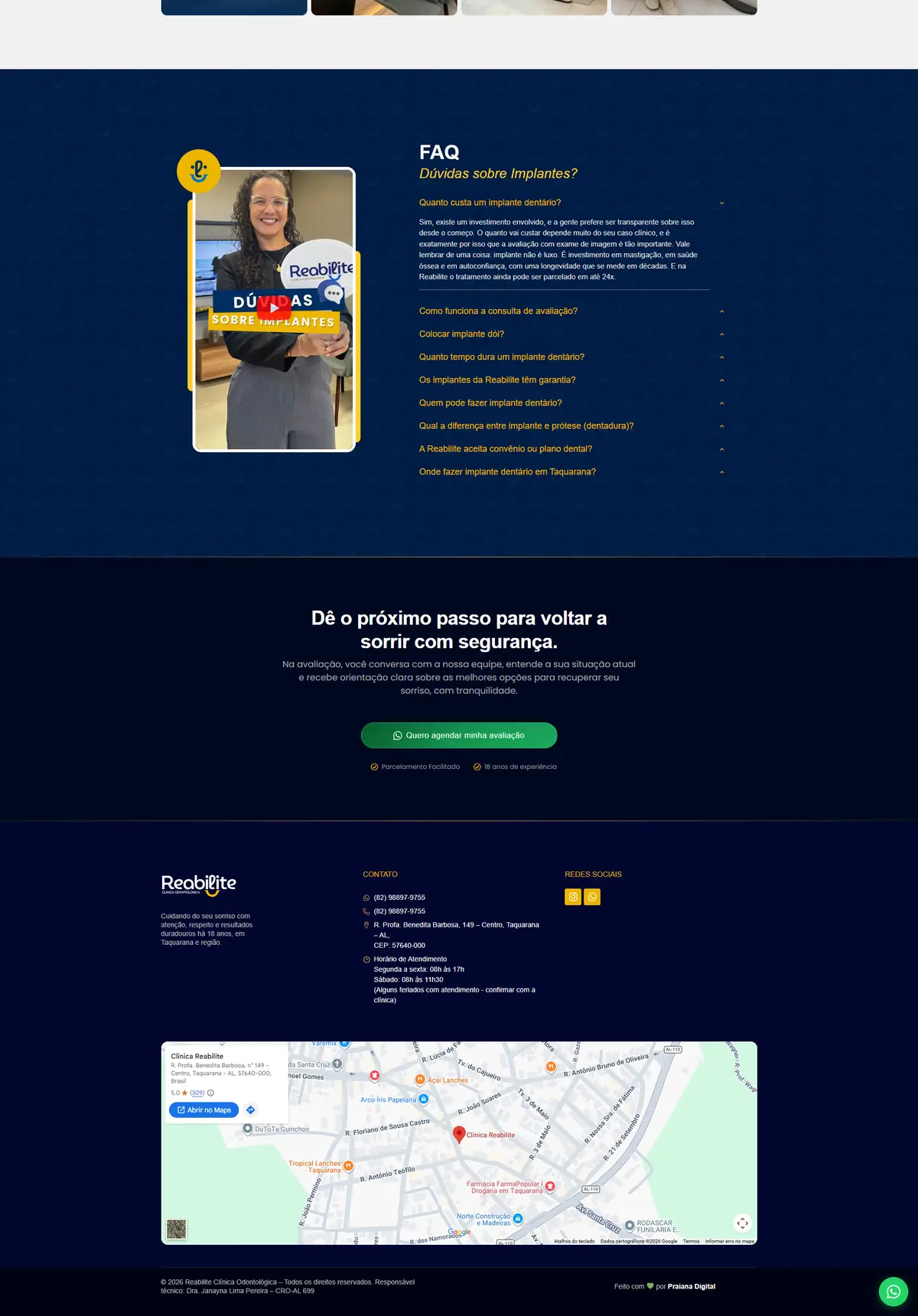 Página inicial, do topo ao rodapé (parte 3 de 3): Site da Reabilite Odonto, clínica de implantes dentários em Taquarana (AL), criado pela Agência Conect