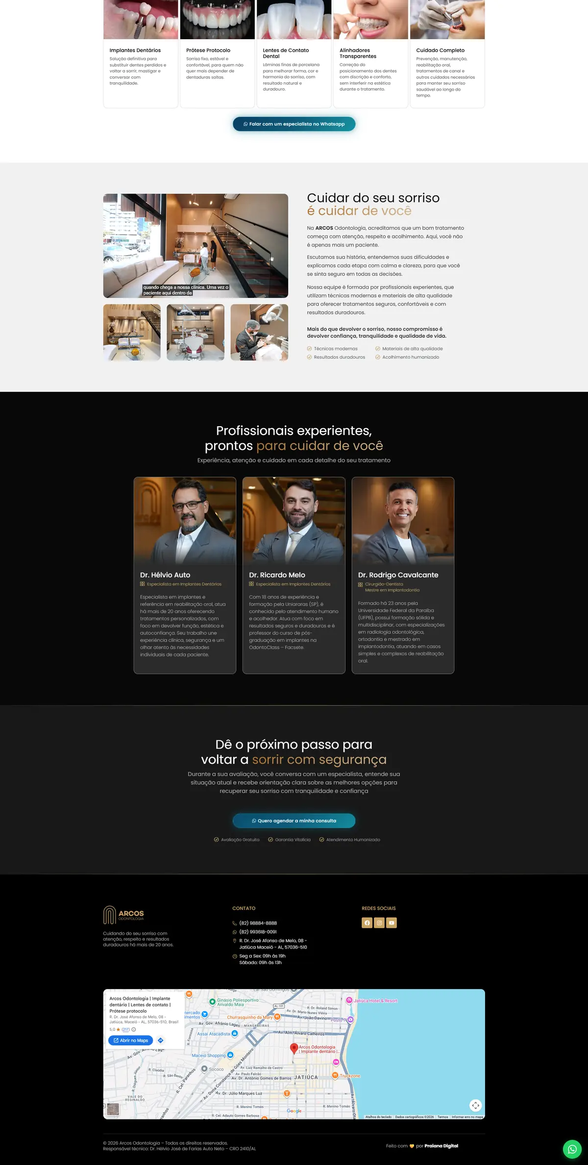 Página inicial, do topo ao rodapé (parte 2 de 2): Site da Arcos Odontologia, clínica odontológica de implantes dentários com SEO local, criado pela Agência Conect