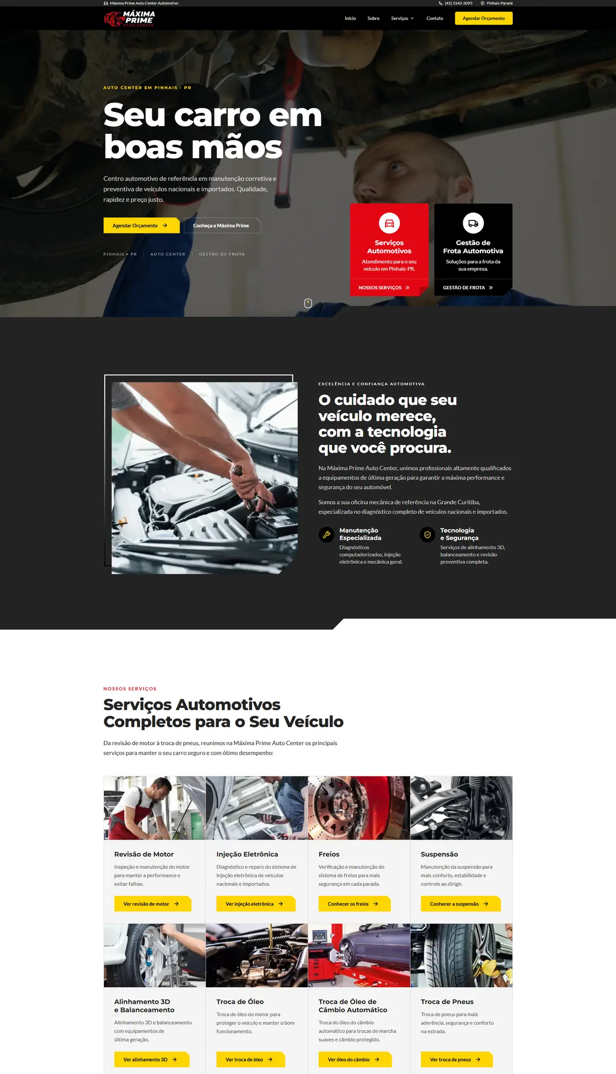 Página inicial, do topo ao rodapé (parte 1 de 3): Site da Máxima Prime Auto Center, oficina mecânica em Pinhais (PR), criado pela Agência Conect