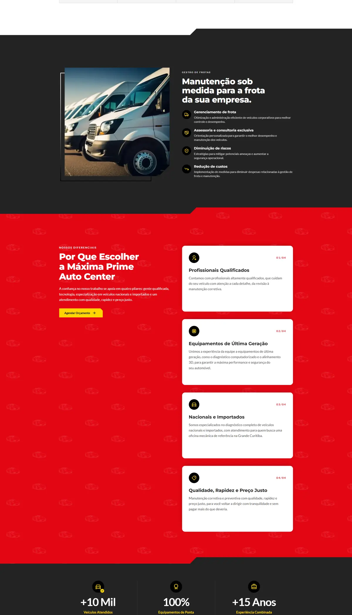 Página inicial, do topo ao rodapé (parte 2 de 3): Site da Máxima Prime Auto Center, oficina mecânica em Pinhais (PR), criado pela Agência Conect