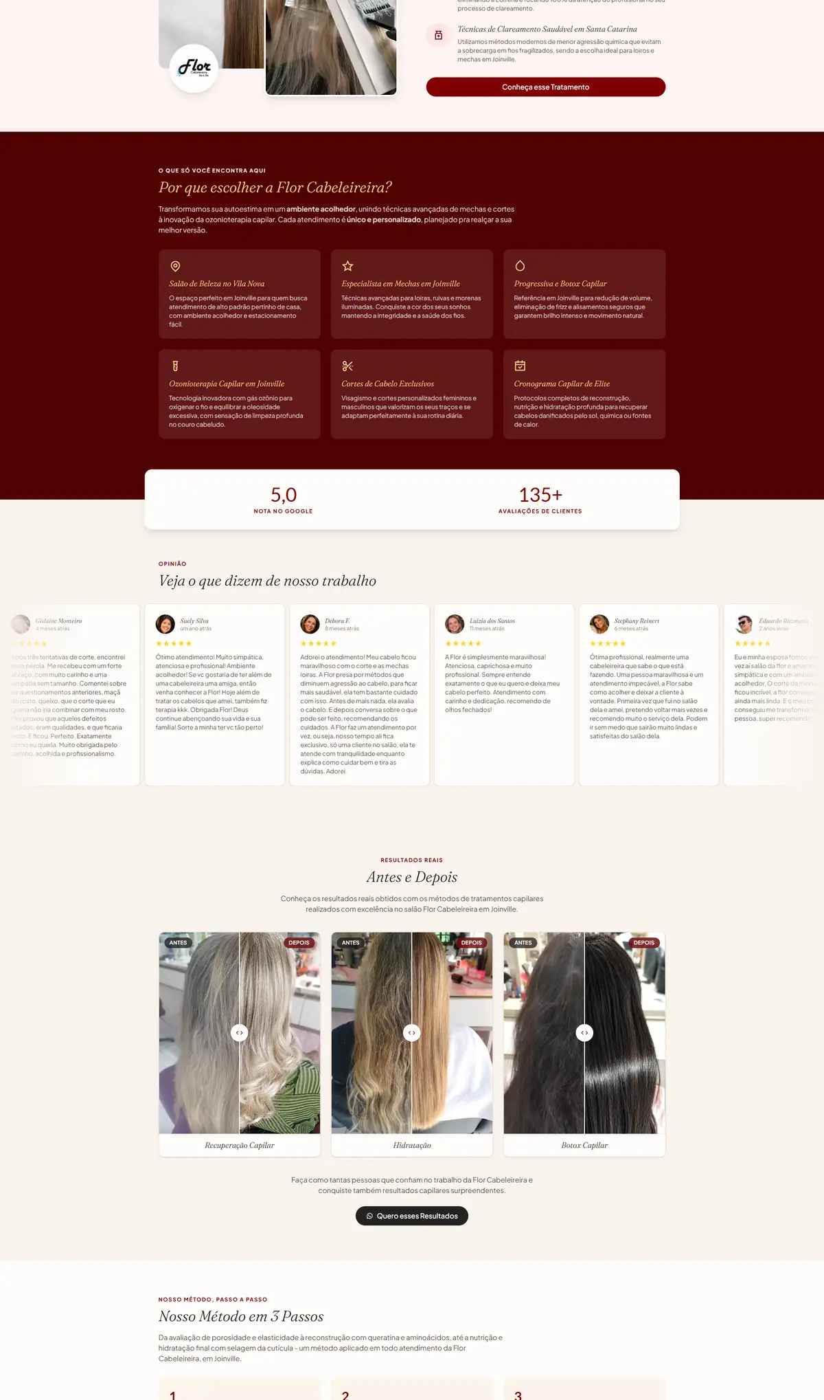 Página inicial, do topo ao rodapé (parte 2 de 3): Site da Flor Cabeleireira, salão de beleza em Joinville, criado pela Agência Conect