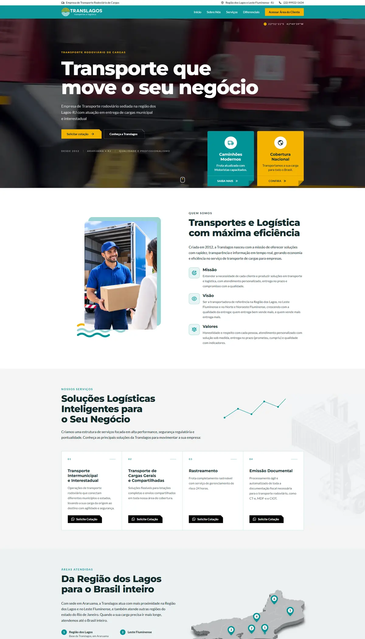 Página inicial, do topo ao rodapé (parte 1 de 3): Site da Translagos, transportadora de cargas na Região dos Lagos (RJ), criado pela Agência Conect